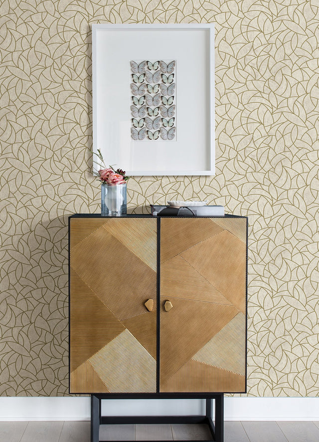 Modern Crescent Moon Neutral & Gold Peel & Stick Wallpaper with Geometric Abstract Pattern - York RMK12567PL