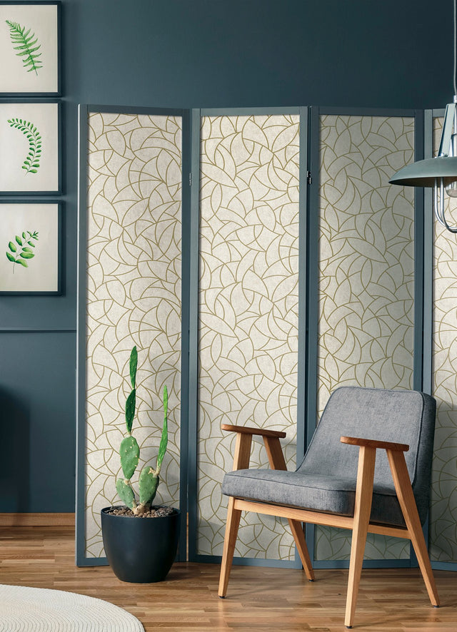 Modern Crescent Moon Neutral & Gold Peel & Stick Wallpaper with Geometric Abstract Pattern - York RMK12567PL