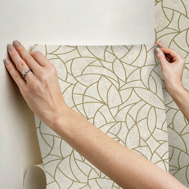 Modern Crescent Moon Neutral & Gold Peel & Stick Wallpaper with Geometric Abstract Pattern - York RMK12567PL