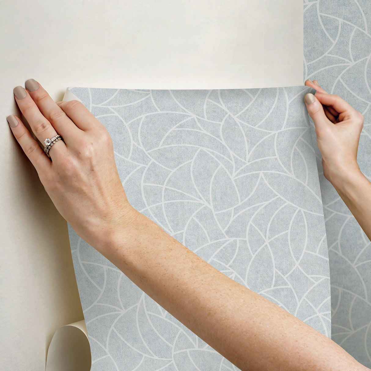 Modern Crescent Moon Frosty Blue Peel & Stick Wallpaper with Geometric Abstract Pattern - York RMK12569PL
