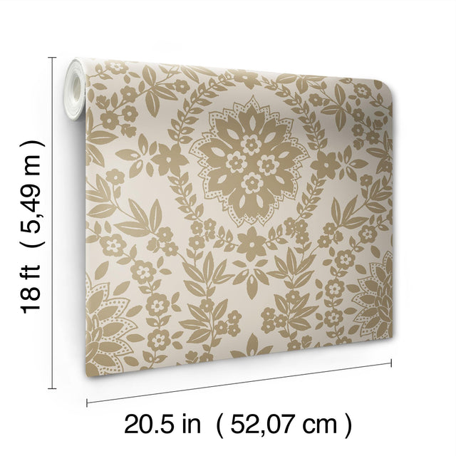 Boho Baroque Damask Taupe Peel & Stick Wallpaper with Bohemian Abstract Damask Pattern - York RMK12572PL