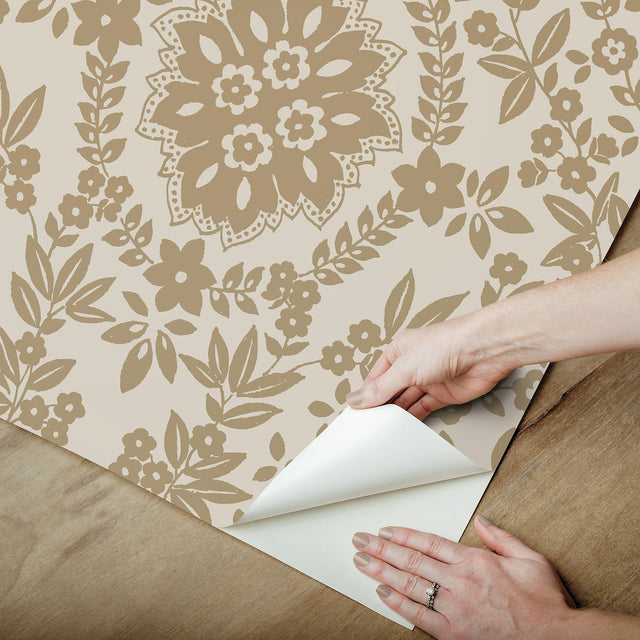 Boho Baroque Damask Taupe Peel & Stick Wallpaper with Bohemian Abstract Damask Pattern - York RMK12572PL