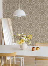 Boho Baroque Damask Taupe Peel & Stick Wallpaper with Bohemian Abstract Damask Pattern - York RMK12572PL