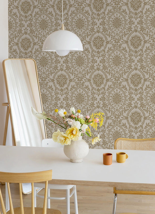 Boho Baroque Damask Taupe Peel & Stick Wallpaper with Bohemian Abstract Damask Pattern - York RMK12572PL