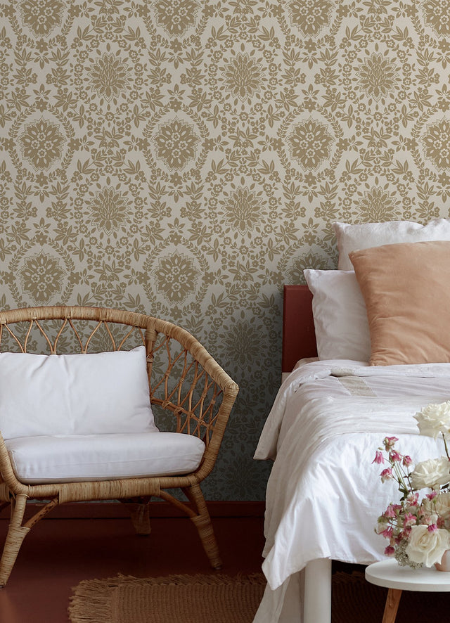 Boho Baroque Damask Taupe Peel & Stick Wallpaper with Bohemian Abstract Damask Pattern - York RMK12572PL