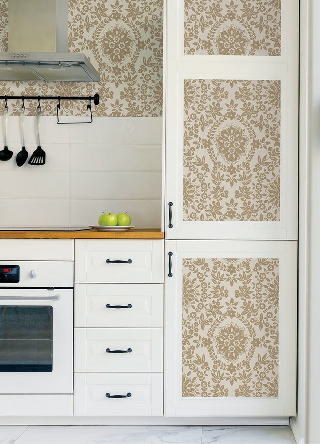 Boho Baroque Damask Taupe Peel & Stick Wallpaper with Bohemian Abstract Damask Pattern - York RMK12572PL