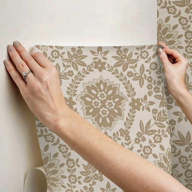 Boho Baroque Damask Taupe Peel & Stick Wallpaper with Bohemian Abstract Damask Pattern - York RMK12572PL