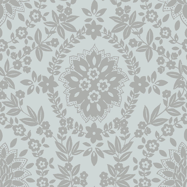 Boho Baroque Damask Blue & Silver Peel & Stick Wallpaper with Bohemian Damask Pattern - York RMK12573PL