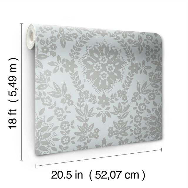 Boho Baroque Damask Blue & Silver Peel & Stick Wallpaper with Bohemian Damask Pattern - York RMK12573PL