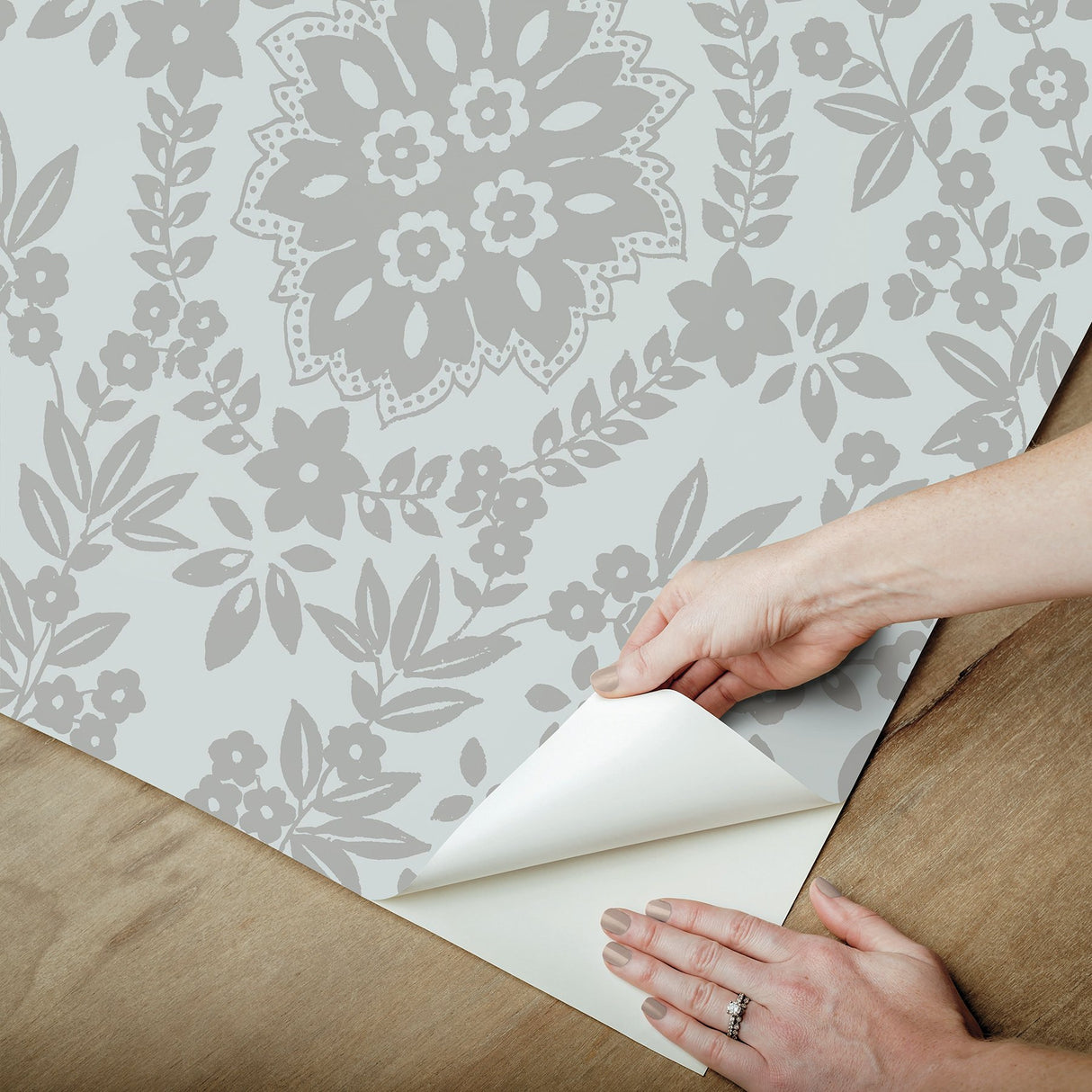 Boho Baroque Damask Blue & Silver Peel & Stick Wallpaper with Bohemian Damask Pattern - York RMK12573PL