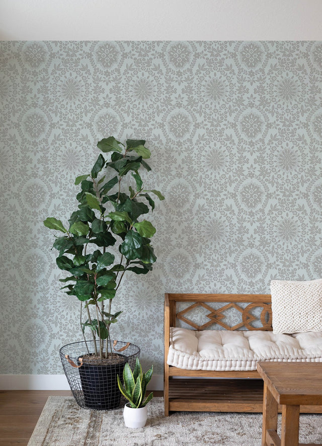 Boho Baroque Damask Blue & Silver Peel & Stick Wallpaper with Bohemian Damask Pattern - York RMK12573PL