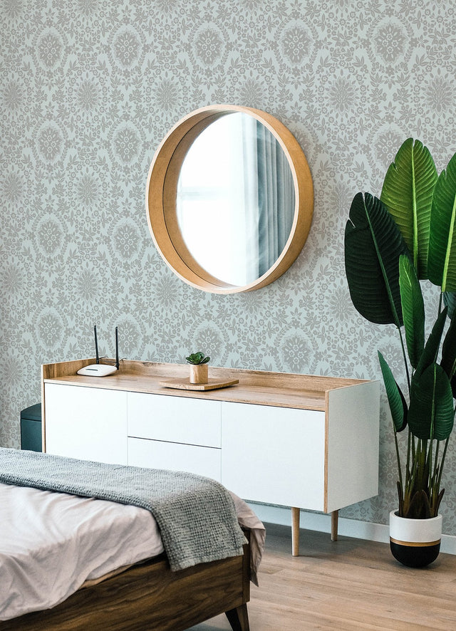 Boho Baroque Damask Blue & Silver Peel & Stick Wallpaper with Bohemian Damask Pattern - York RMK12573PL
