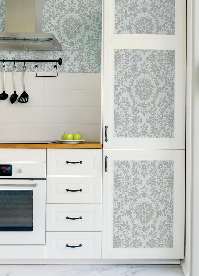 Boho Baroque Damask Blue & Silver Peel & Stick Wallpaper with Bohemian Damask Pattern - York RMK12573PL