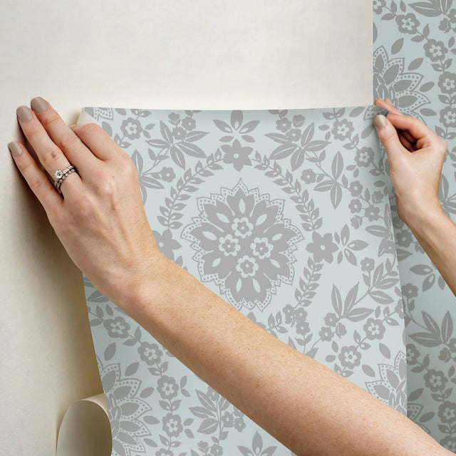 Boho Baroque Damask Blue & Silver Peel & Stick Wallpaper with Bohemian Damask Pattern - York RMK12573PL