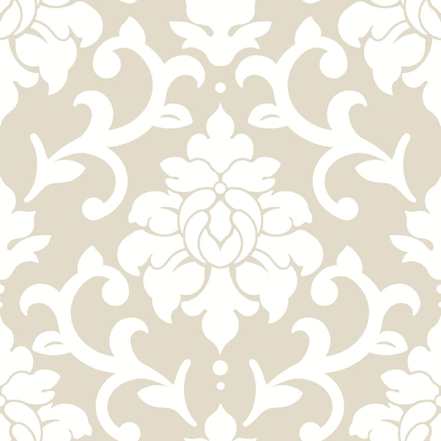 Damask Taupe Peel & Stick Wallpaper with Traditional Abstract Damask Pattern - York RMK12574WP