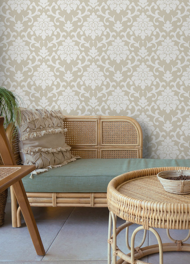 Damask Taupe Peel & Stick Wallpaper with Traditional Abstract Damask Pattern - York RMK12574WP