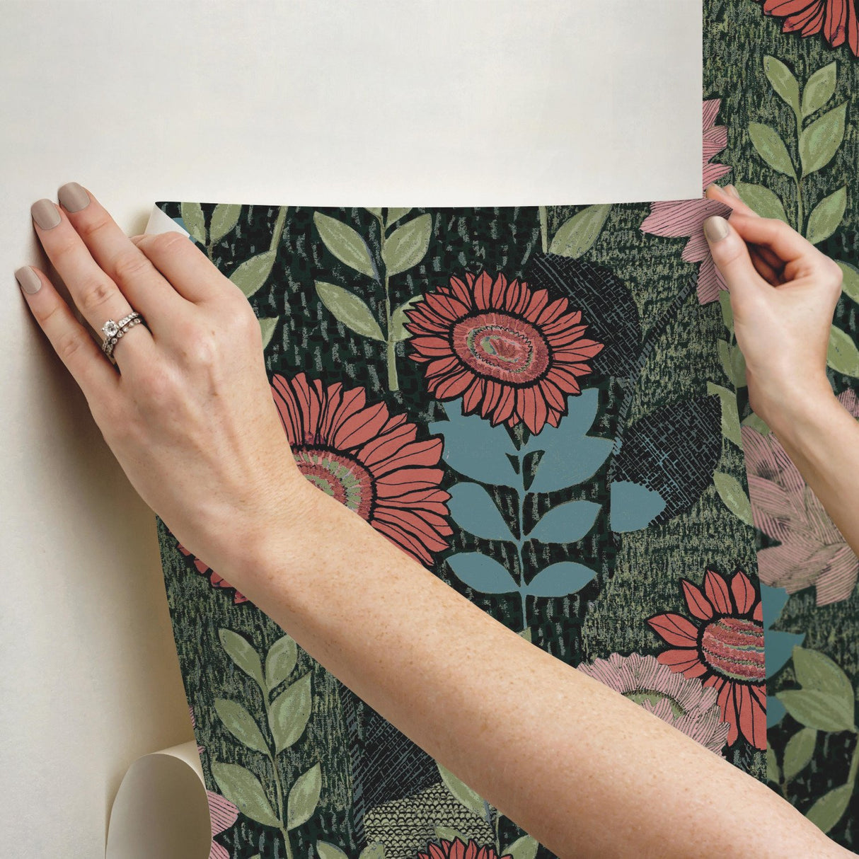 Botanical Garden Green Peel & Stick Wallpaper with Modern Botanical Flowers Pattern - York RMK12575RL