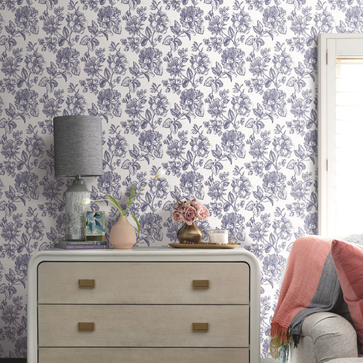 Flower Girl Blue Peel & Stick Wallpaper with Modern Botanical Floral Pattern - York RMK12577RL