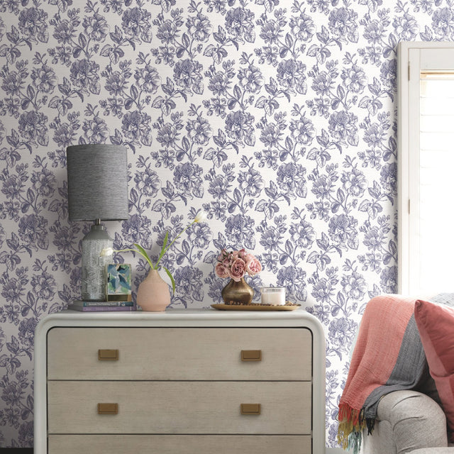 Flower Girl Blue Peel & Stick Wallpaper with Modern Botanical Floral Pattern - York RMK12577RL