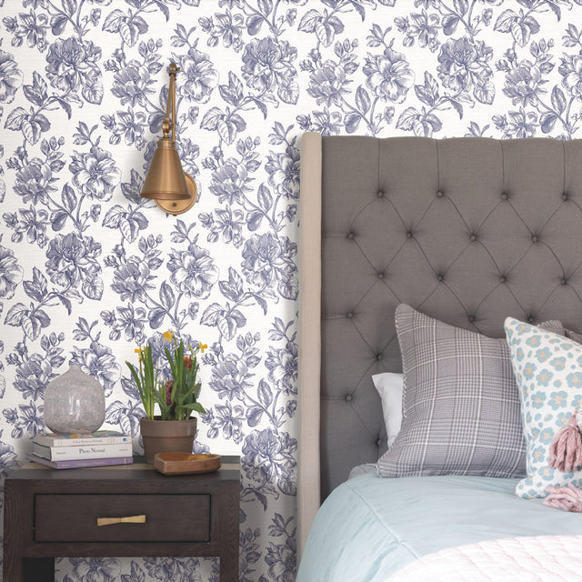 Flower Girl Blue Peel & Stick Wallpaper with Modern Botanical Floral Pattern - York RMK12577RL