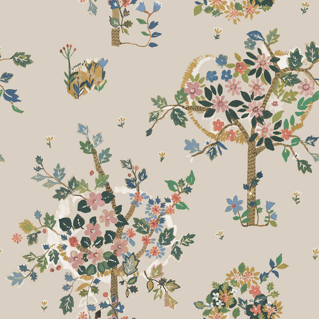 Flowering Peace Tree Taupe Peel & Stick Wallpaper with Botanical Trees - York RMK12585PLW