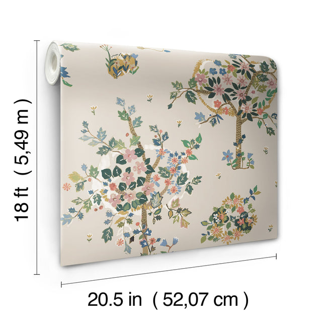 Flowering Peace Tree Taupe Peel & Stick Wallpaper with Botanical Trees - York RMK12585PLW