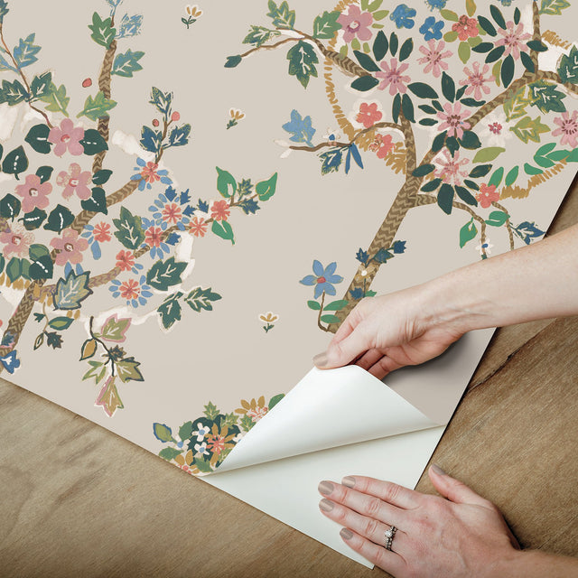 Flowering Peace Tree Taupe Peel & Stick Wallpaper with Botanical Trees - York RMK12585PLW