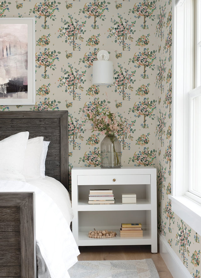 Flowering Peace Tree Taupe Peel & Stick Wallpaper with Botanical Trees - York RMK12585PLW