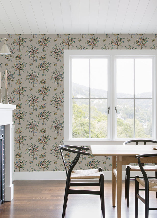 Flowering Peace Tree Taupe Peel & Stick Wallpaper with Botanical Trees - York RMK12585PLW