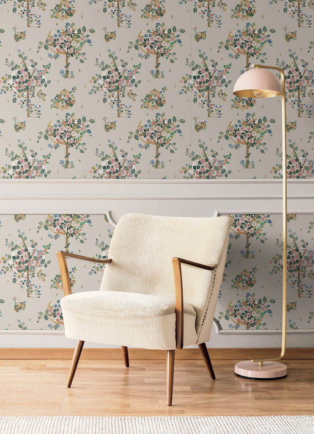 Flowering Peace Tree Taupe Peel & Stick Wallpaper with Botanical Trees - York RMK12585PLW
