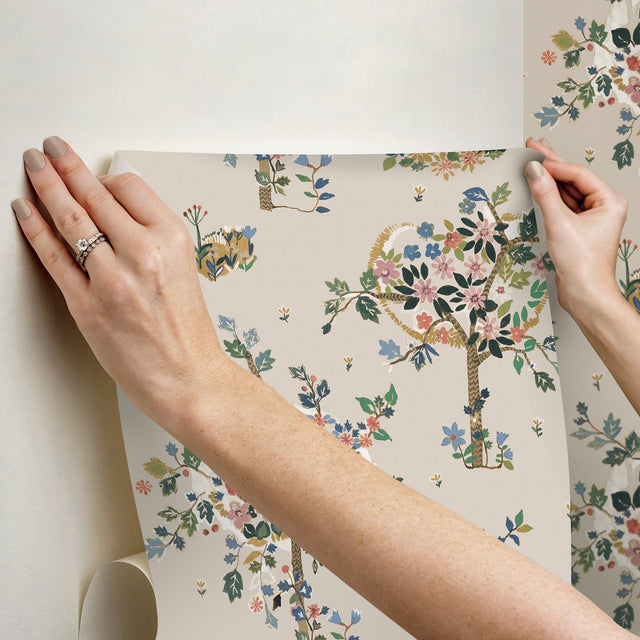 Flowering Peace Tree Taupe Peel & Stick Wallpaper with Botanical Trees - York RMK12585PLW