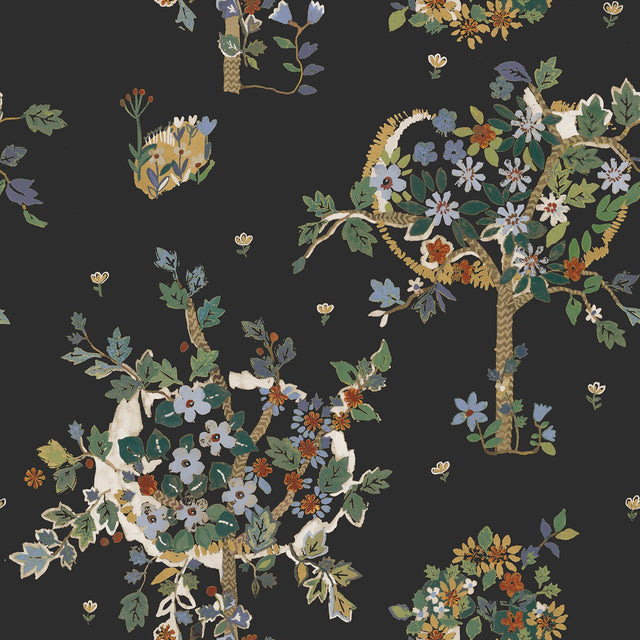 Flowering Peace Tree Black Peel & Stick Wallpaper with Botanical Trees Pattern - York RMK12586PLW