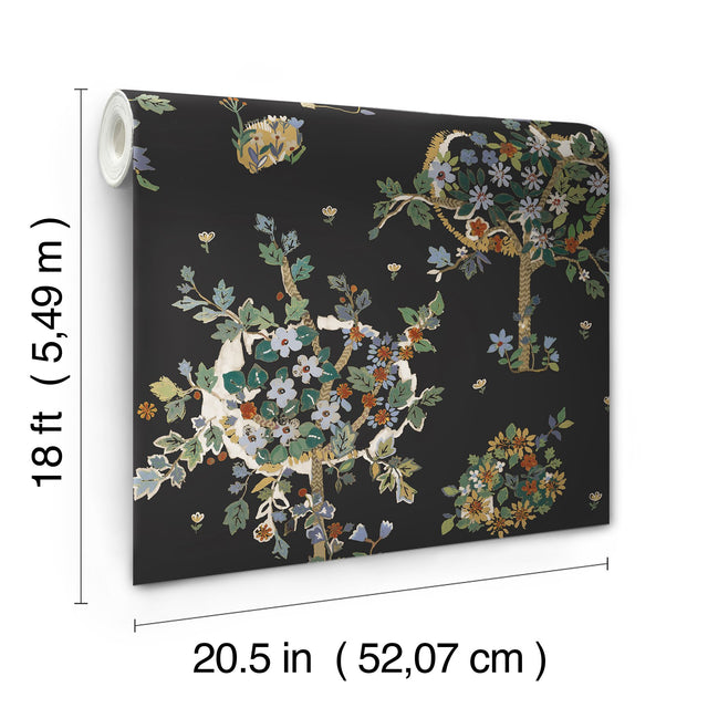 Flowering Peace Tree Black Peel & Stick Wallpaper with Botanical Trees Pattern - York RMK12586PLW