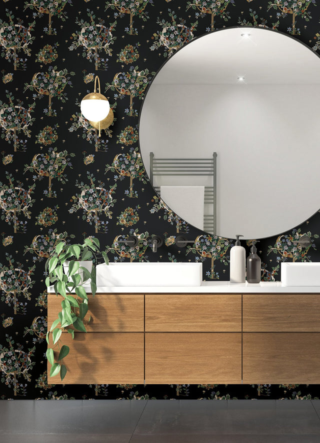 Flowering Peace Tree Black Peel & Stick Wallpaper with Botanical Trees Pattern - York RMK12586PLW