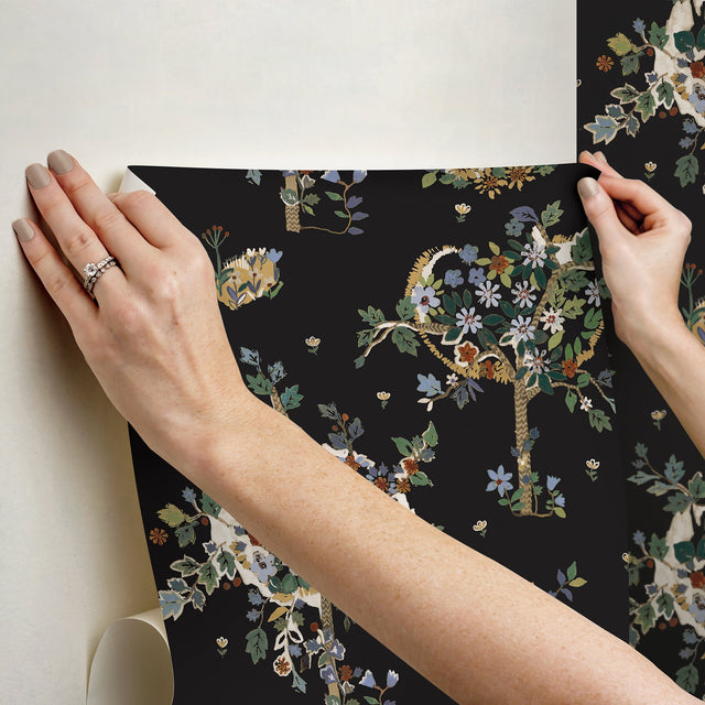 Flowering Peace Tree Black Peel & Stick Wallpaper with Botanical Trees Pattern - York RMK12586PLW