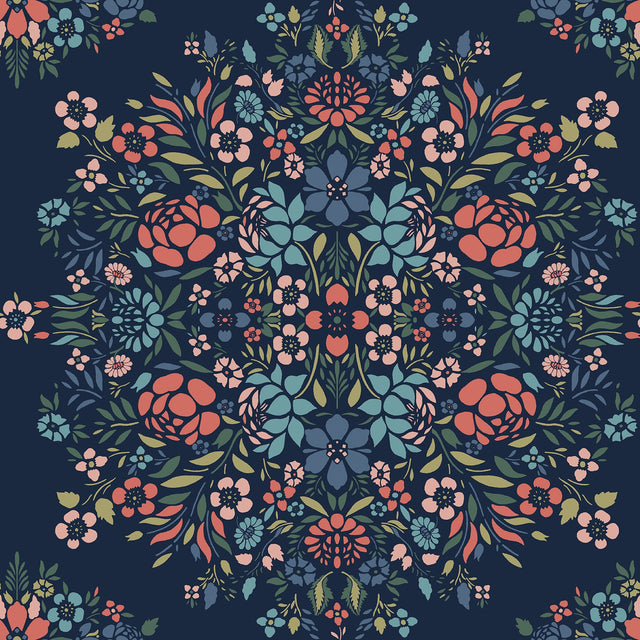 Medallion Floral Blue Peel & Stick Wallpaper in Vinyl Matte with Botanical Floral Medallion Pattern, Traditional Style - York RMK12587PLW