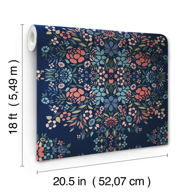 Medallion Floral Blue Peel & Stick Wallpaper in Vinyl Matte with Botanical Floral Medallion Pattern, Traditional Style - York RMK12587PLW