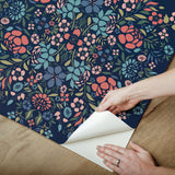 Medallion Floral Blue Peel & Stick Wallpaper in Vinyl Matte with Botanical Floral Medallion Pattern, Traditional Style - York RMK12587PLW