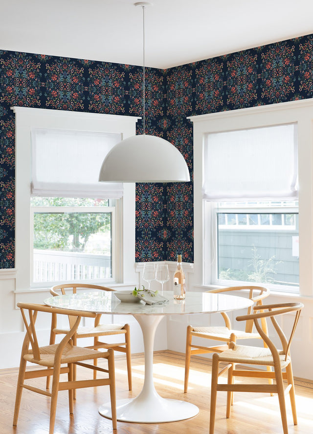 Medallion Floral Blue Peel & Stick Wallpaper in Vinyl Matte with Botanical Floral Medallion Pattern, Traditional Style - York RMK12587PLW