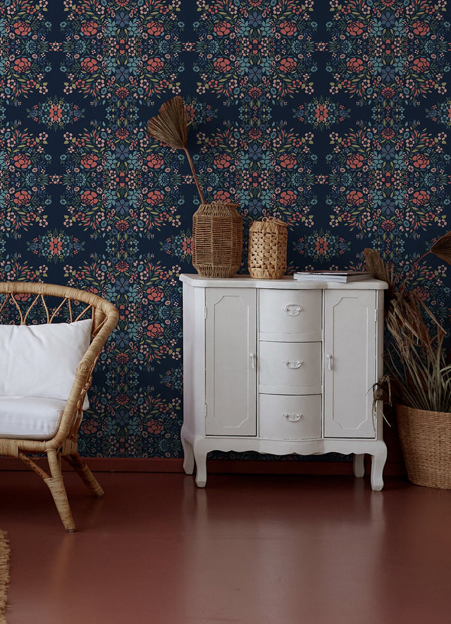 Medallion Floral Blue Peel & Stick Wallpaper in Vinyl Matte with Botanical Floral Medallion Pattern, Traditional Style - York RMK12587PLW