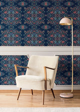 Medallion Floral Blue Peel & Stick Wallpaper in Vinyl Matte with Botanical Floral Medallion Pattern, Traditional Style - York RMK12587PLW