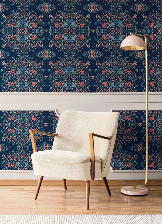 Medallion Floral Blue Peel & Stick Wallpaper in Vinyl Matte with Botanical Floral Medallion Pattern, Traditional Style - York RMK12587PLW