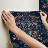 Medallion Floral Blue Peel & Stick Wallpaper in Vinyl Matte with Botanical Floral Medallion Pattern, Traditional Style - York RMK12587PLW