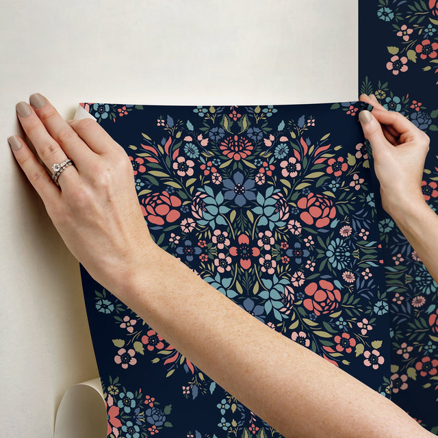 Medallion Floral Blue Peel & Stick Wallpaper in Vinyl Matte with Botanical Floral Medallion Pattern, Traditional Style - York RMK12587PLW