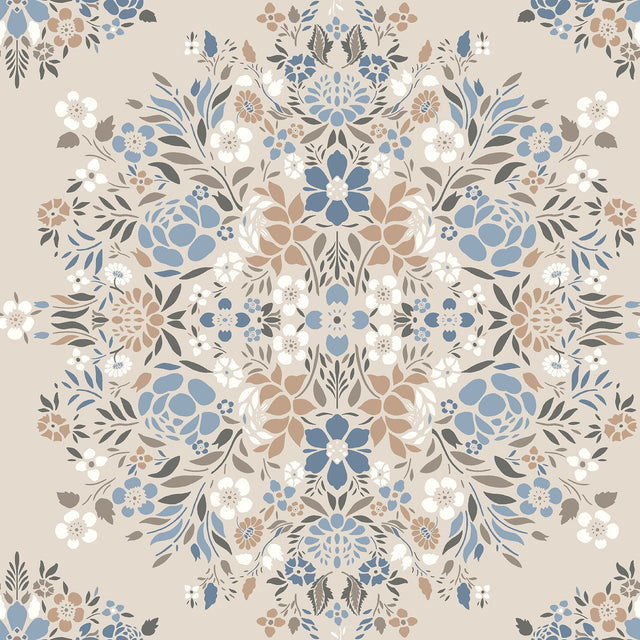 Medallion Floral Taupe Peel & Stick Wallpaper with Botanical Floral Pattern, Traditional Style - York RMK12588PLW