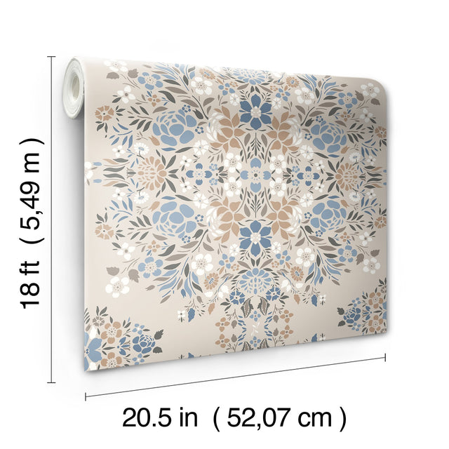 Medallion Floral Taupe Peel & Stick Wallpaper with Botanical Floral Pattern, Traditional Style - York RMK12588PLW