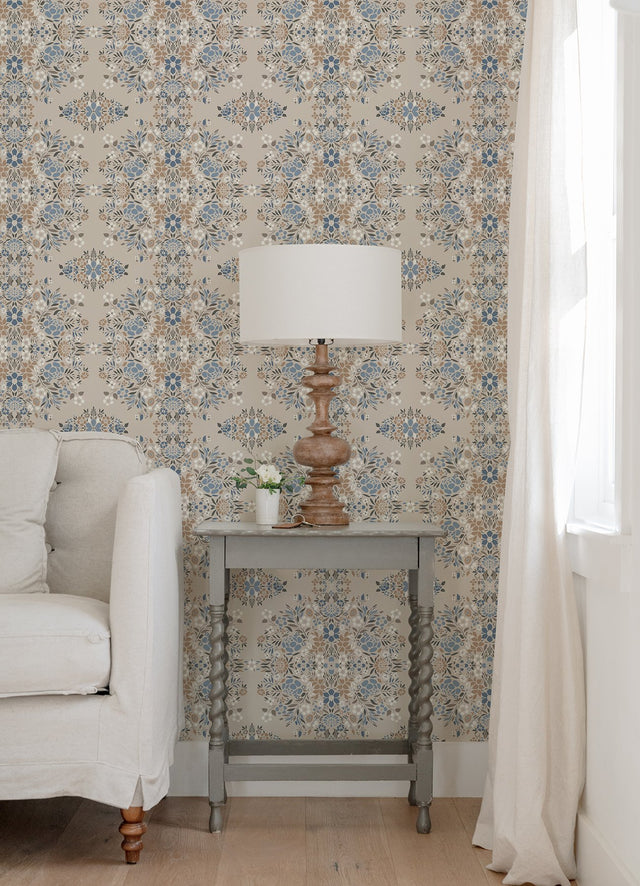 Medallion Floral Taupe Peel & Stick Wallpaper with Botanical Floral Pattern, Traditional Style - York RMK12588PLW