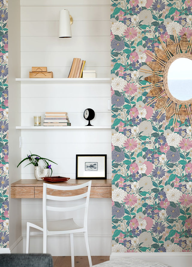 Bohemian Floral Beige Peel & Stick Wallpaper with Traditional Botanical Flower Pattern - York RMK12589PLW