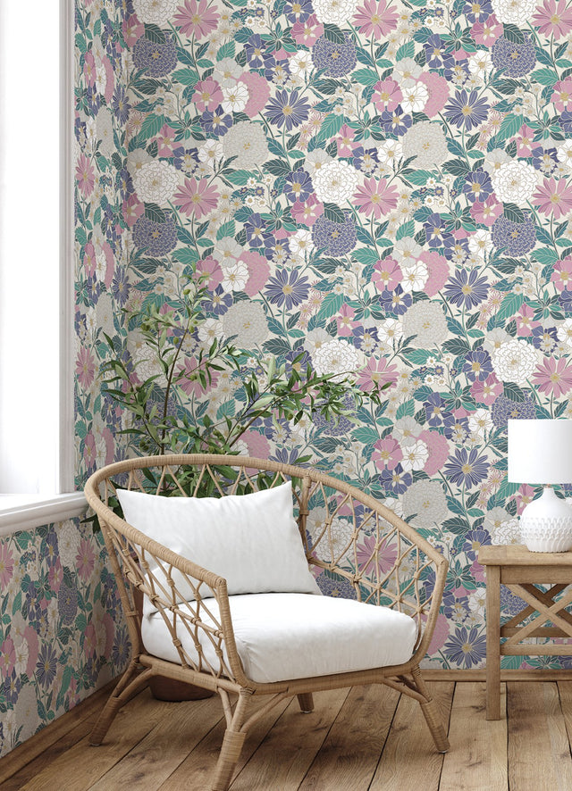Bohemian Floral Beige Peel & Stick Wallpaper with Traditional Botanical Flower Pattern - York RMK12589PLW