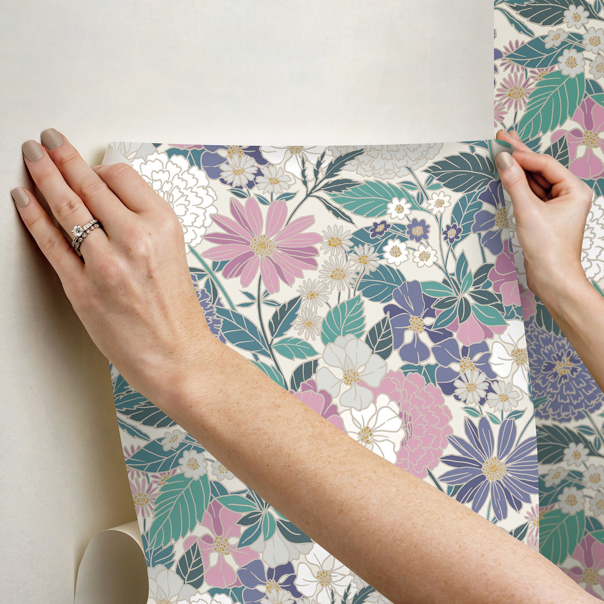 Bohemian Floral Beige Peel & Stick Wallpaper with Traditional Botanical Flower Pattern - York RMK12589PLW